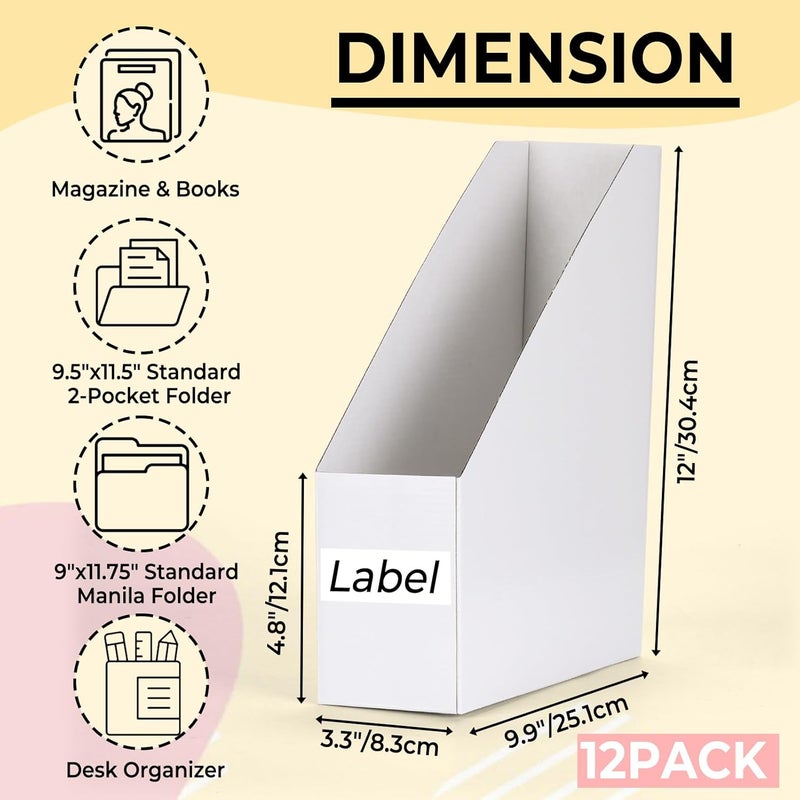 EXYGLO 12 Pack White Magazine File Holder, Cardboard Magazine Rack with Label, Foldable Storage Organizer Box for Book, Documents, 9.9x3.3x12 Inches - Image 2